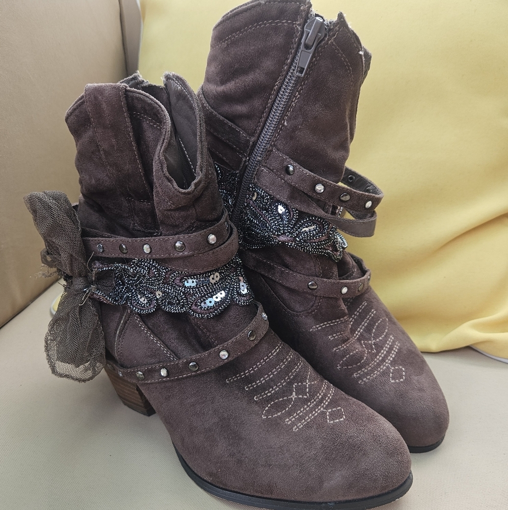 Embellished Brown Ankle Boots